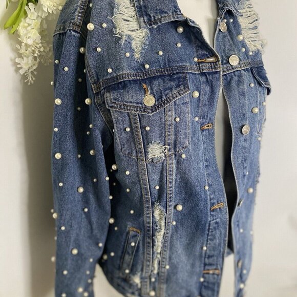 Sunset + Spring Denim Jacket Pearl Embellishment Bride Embroidered Size L NWOT - Picture 16 of 16